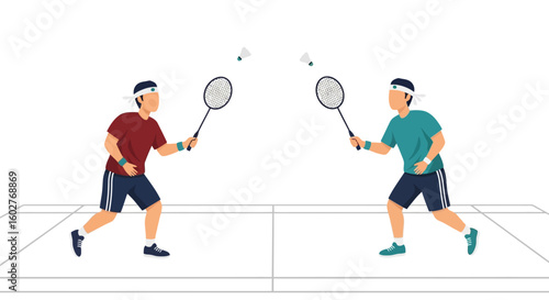 Two badminton players in action, facing each other on a badminton court.