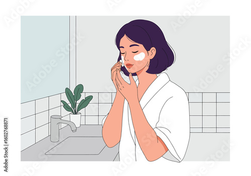 A serene woman in a white robe carefully applies a cosmetic product to her face as part of her self-care routine in a minimalist bathroom.