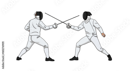 Two fencers in white protective gear engaged in a duel, swords crossed, on a white background.