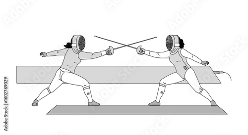 Two fencers in protective gear, engaged in a competitive sword fight.