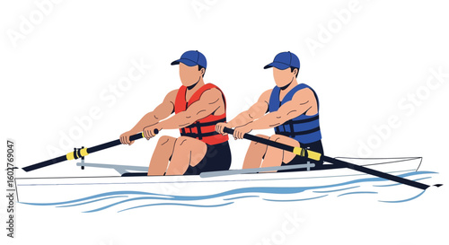 Two rowers in a boat, pulling oars in a synchronized rowing action.