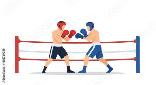 Two boxers face off in a boxing ring, poised for a fight, wearing protective headgear and gloves.