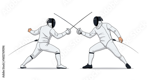 Two fencers in protective gear engage in a competitive sword fight, blades crossed.