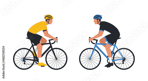 Two cyclists, one in yellow, the other in blue, riding bicycles.