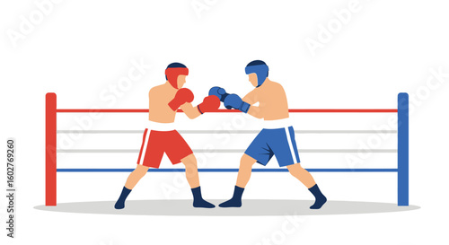 Two boxers engaged in a match inside a boxing ring, ready to fight.