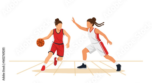 Two female basketball players in action, one dribbling the ball, the other in defensive stance on a court.