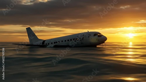 Wallpaper Mural Airplane Submerged in Ocean at Sunset with Orange and Yellow Sky Reflecting off Water Surface and Dramatic Silhouette Torontodigital.ca