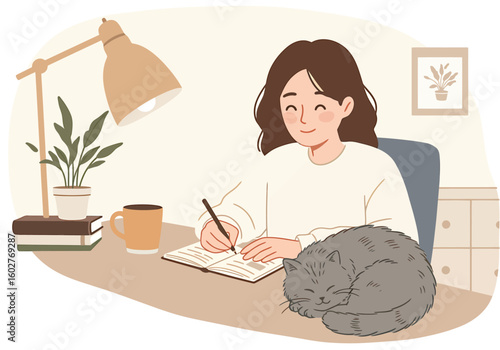 A young woman, smiling, sits at a desk, writing in a notebook, with a sleeping cat.