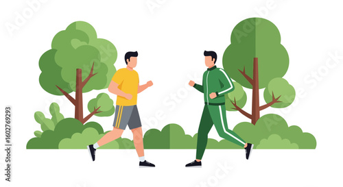 Two men jogging in a park, enjoying a healthy outdoor activity.