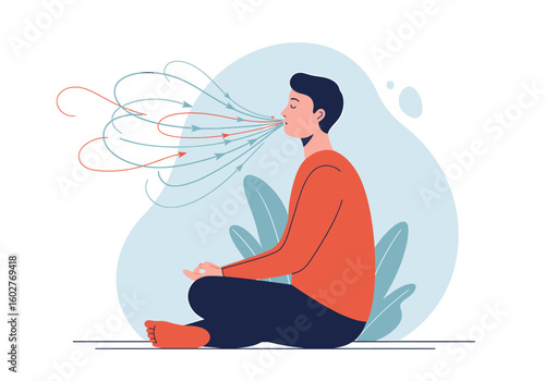 Man meditating, exhaling stress, releasing anxieties, finding inner peace.