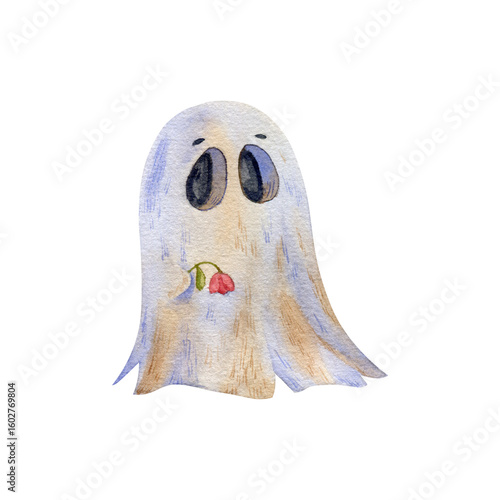 watercolor hand drawn sad ghost with flower isolated on transparent background. Halloween character for stickers, wrapping paper, kids decor, party invitations, party decor, fantasy books, games