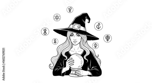 Witch fortune-telling with a crystal ball, surrounded by mystical symbols of wealth and fate