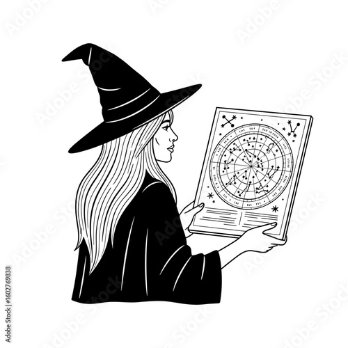 Witch studying a mystical chart with curiosity in a spellbinding atmosphere