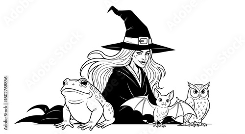 Witch with a spellbinding expression alongside a frog, bat, and owl in a mystical setting