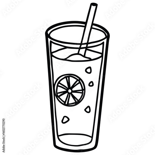 Simple line art illustration of a tall glass filled with a refreshing beverage featuring a citrus slice and bubbles with a straw