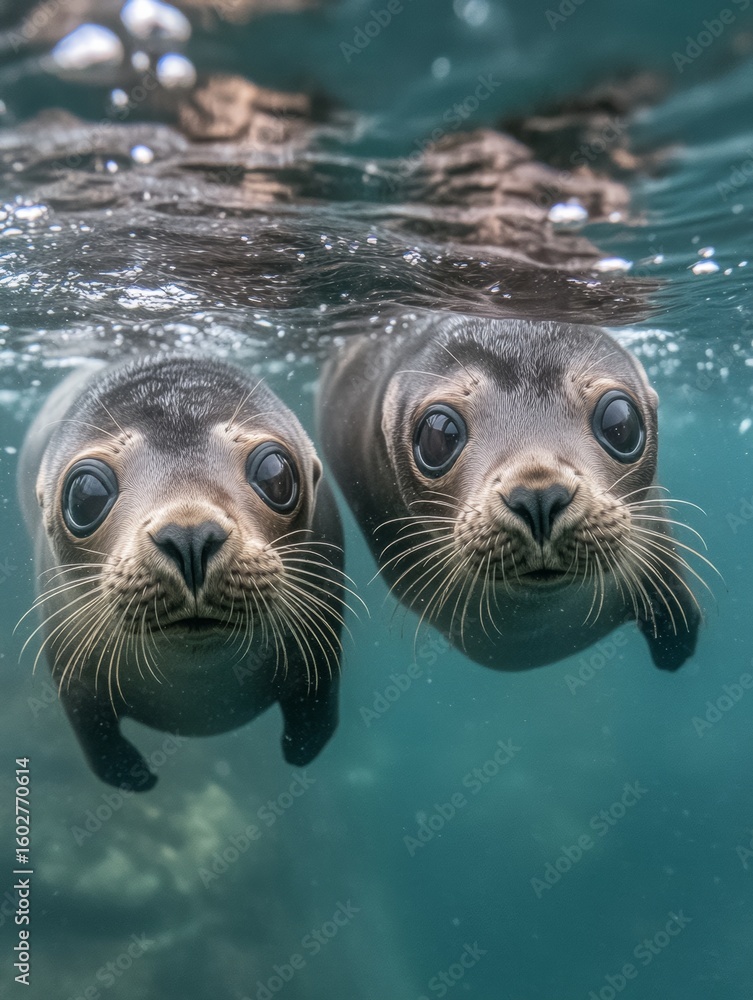Fototapeta premium Two seals looking at the camera, swimming together under the water's surface.