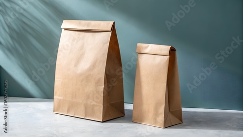brown paper bags Mockup: Two tall brown paper bags standing side by side against a teal wall
