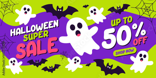 Halloween Sale poster template with ghost. Halloween Promotion sale banner design. Halloween Sale concept. Halloween promotion poster. Halloween spooky night. Halloween discount background. Vector