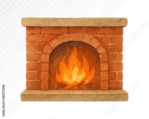 Warm cozy fireplace with bright flames and detailed brick texture, hand-painted in watercolor style using soft warm tones and natural autumn mood. Vector illustration.