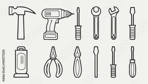 Collection of hand tools and power drill in outline style