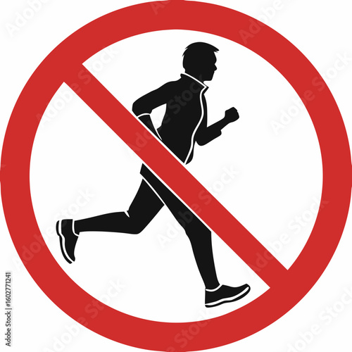 Stop running symbol with human silhouette inside a prohibition circle, a clear stop running signal. Stop running concept for regulations, physical activity limitations, or public health guidelines.
