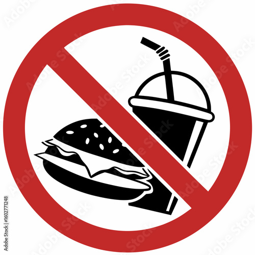 No food or drink forbidden sign, showcasing burger and drink in prohibiting manner. Prohibition symbol shows a concept of unhealthy eating choices, including junk food and sugary drink.