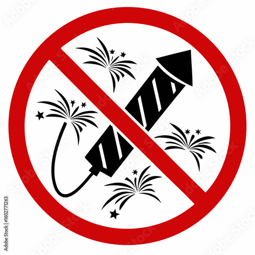 No fireworks illustration with a firework rocket and sparklers inside red circle. Firework ban with danger concept, explosion of pyrotechnics is dangerous.