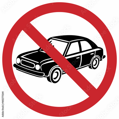 No cars allowed symbol showing vehicle inside red crossed circle. Traffic prohibition symbol is for areas banning automobile transit. Use no cars allowed symbol for promoting pedestrian zones,