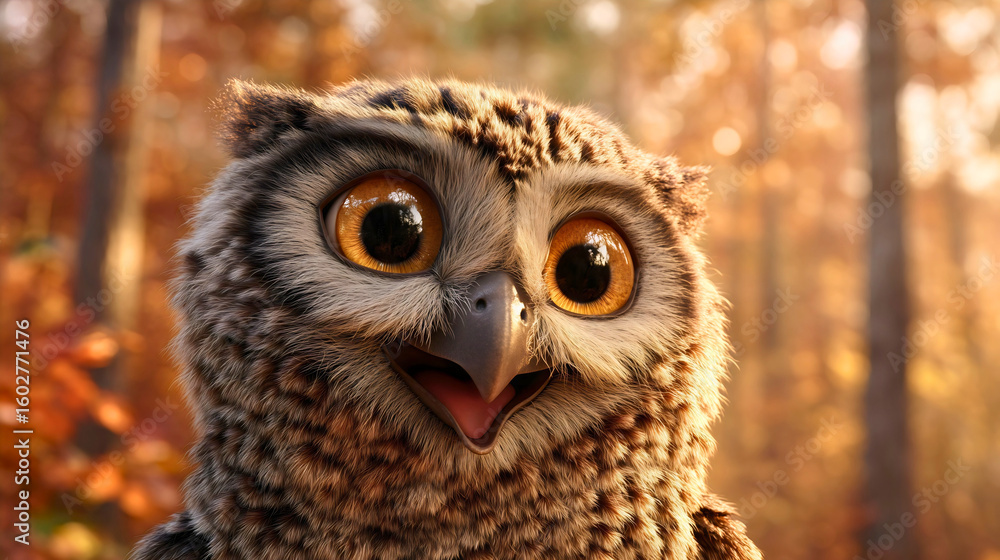 Obraz premium A friendly owl with a smile on its face and large kind eyes, a small owl explorer. 