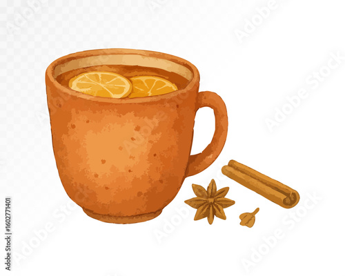 Hot autumn drink with cinnamon and orange slice in ceramic mug, hand-painted in rich watercolor style with deep earthy colors and natural cozy mood. Vector illustration.