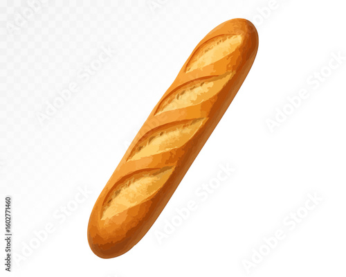 Classic golden baguette with textured crust and long shape, hand-drawn in watercolor style with warm colors and detailed soft highlights. Vector illustration.