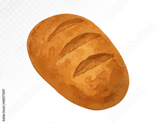 Watercolor realistic loaf of bread painted in warm golden tones, classic bakery-style food illustration perfect for kitchen or breakfast designs. Vector illustration.