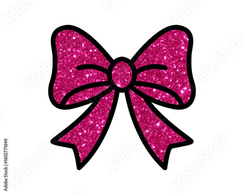 Dark pink glitter bow with black outline, rich sparkly texture for chic, festive, or stylish fashion and holiday design projects. Vector illustration.