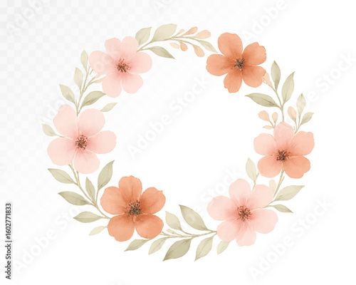 Watercolor floral frame with pastel peach and pink flowers arranged in a round wreath, perfect for wedding invitations, greeting cards, and decorative prints. Vector illustration.