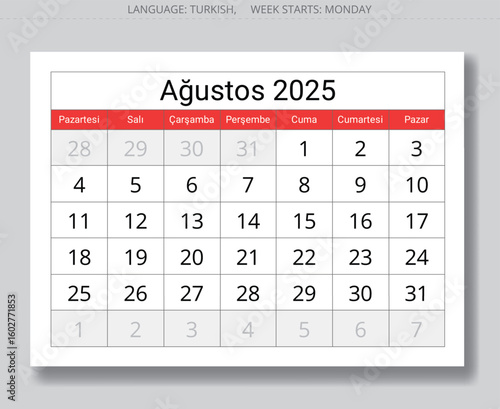 Page of Turkish calendar for august 2025. Vector illustration month for Turkey