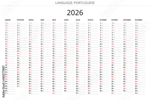 Simple 2026 portuguese planner calendar with minimalist design Portugal