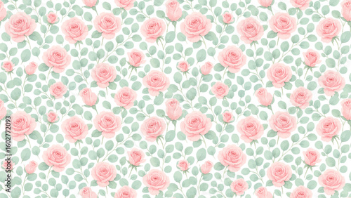 Wallpaper Mural Watercolor floral seamless pink rose pattern, gentle green leaves, and vintage botanical design for backgrounds, cards, and invitations. Vector illustration. Torontodigital.ca