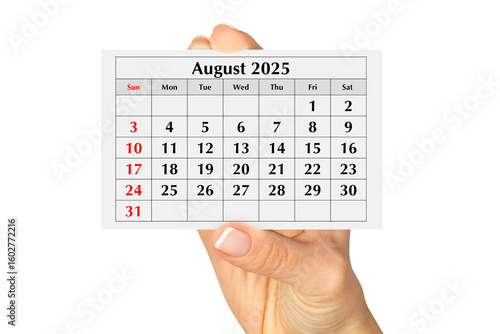Page of the annual monthly calendar august 2025 in hand. Isolated on transparent png