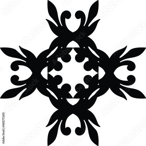Intricate black ornamental cross design with symmetrical floral elements and a central star shape