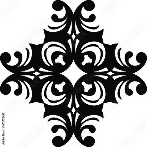 Intricate black ornamental flourish pattern symmetrical design with elegant curves and decorative elements