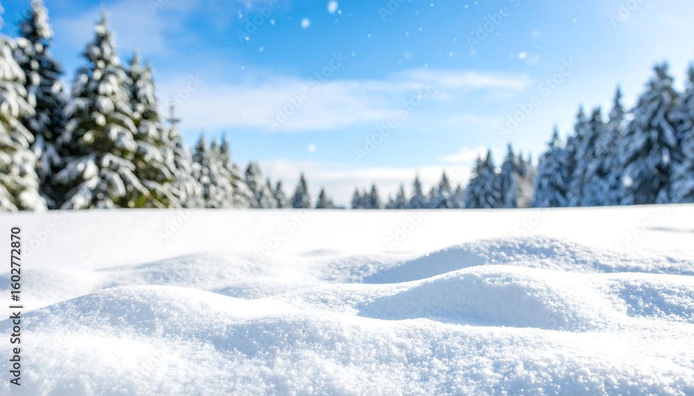 Snowy landscape with blurred evergreen trees Snowy landscape with blurred evergreen trees