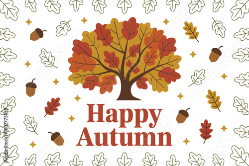Centered fall tree surrounded by tiny florals with happy autumn message, ideal for printable wall decor or seasonal sticker  