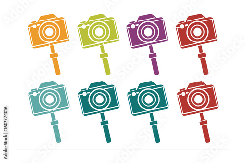 Collection of eight colorful camera icons on sticks representing various photography themes and creative visual elements