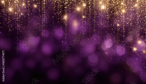 Sparkling gold glitter cascades over a deep purple background.