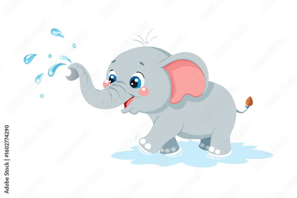 Obraz premium Cartoon baby elephant playing with water vector illustration for kids design