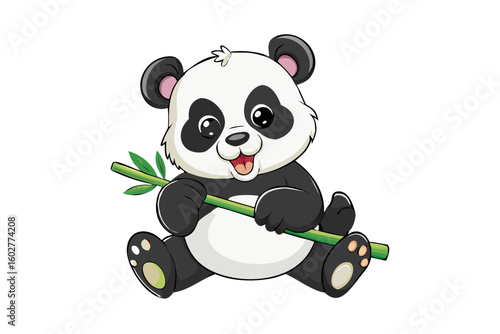 Cute cartoon panda bear illustration holding bamboo stick vector graphics image