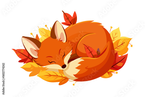Sleeping fox in autumn leaves vector illustration fall season wildlife art
