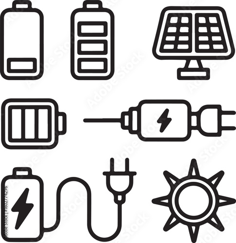 Battery and Renewable Energy Outline Icons Set Power Levels, Solar Panel, Charging Cable, and Lightning Bolt Symbols