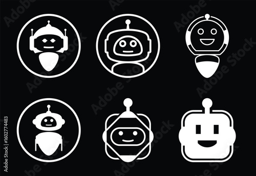 Collection of six simple white robot icons on a black background