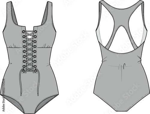 Flat sketch of one-piece swimsuit with front lace-up detail, racerback style, fashion technical drawing, swimwear vector template, front back view
